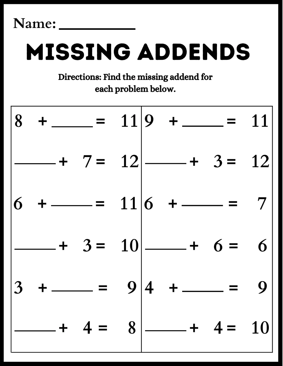 Missing addends: students fill in the unknown number in 12 equations with sums from 6 to 12, such as 8 + __ = 11