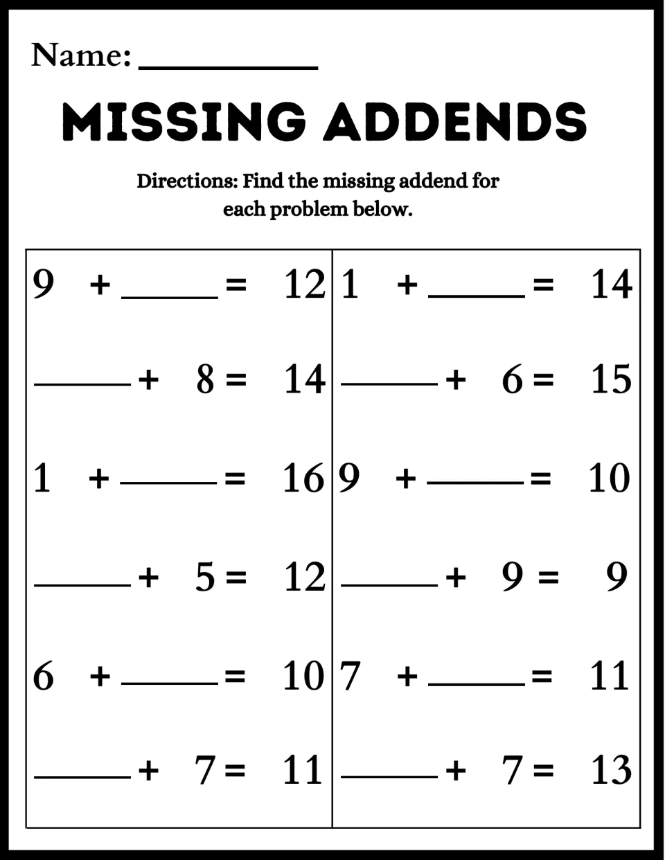 Missing addends: students fill in the missing number in 12 equations with sums from 9 to 16, such as 1 + __ = 16