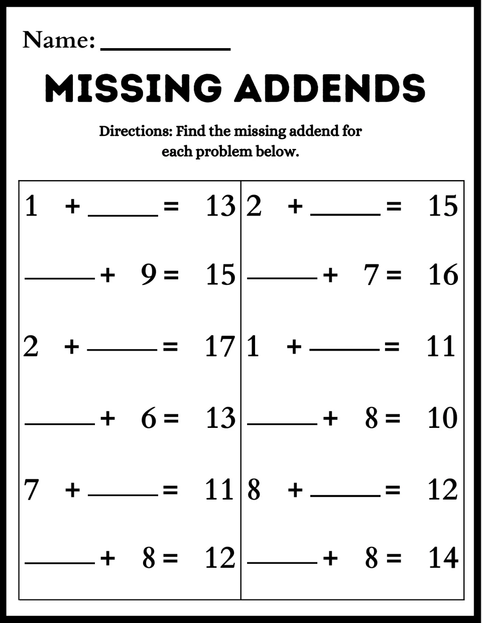Missing addends: students work out the unknown part in 12 equations with sums from 10 to 17, such as 2 + __ = 17