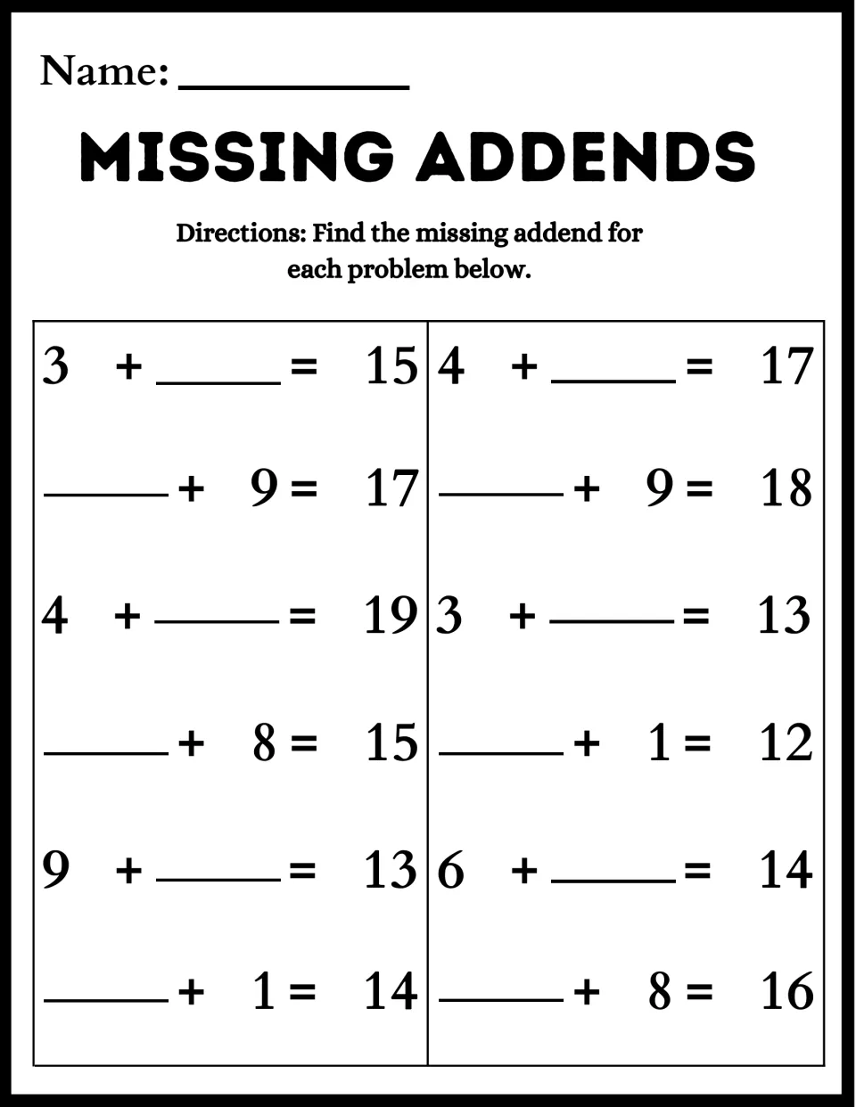 Missing addends: students find each unknown number in 12 equations with sums from 12 to 19, such as 4 + __ = 19