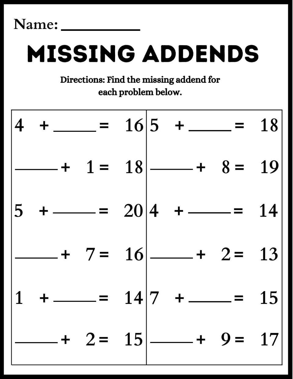 Missing addends: students fill in 12 equations with sums from 13 to 20, such as 5 + __ = 20 and __ + 8 = 19