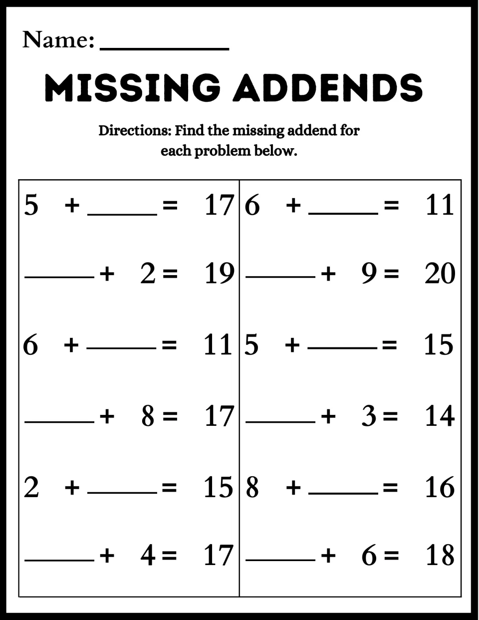 Missing addends: students solve 12 equations with sums from 11 to 20, such as 5 + __ = 17 and __ + 9 = 20