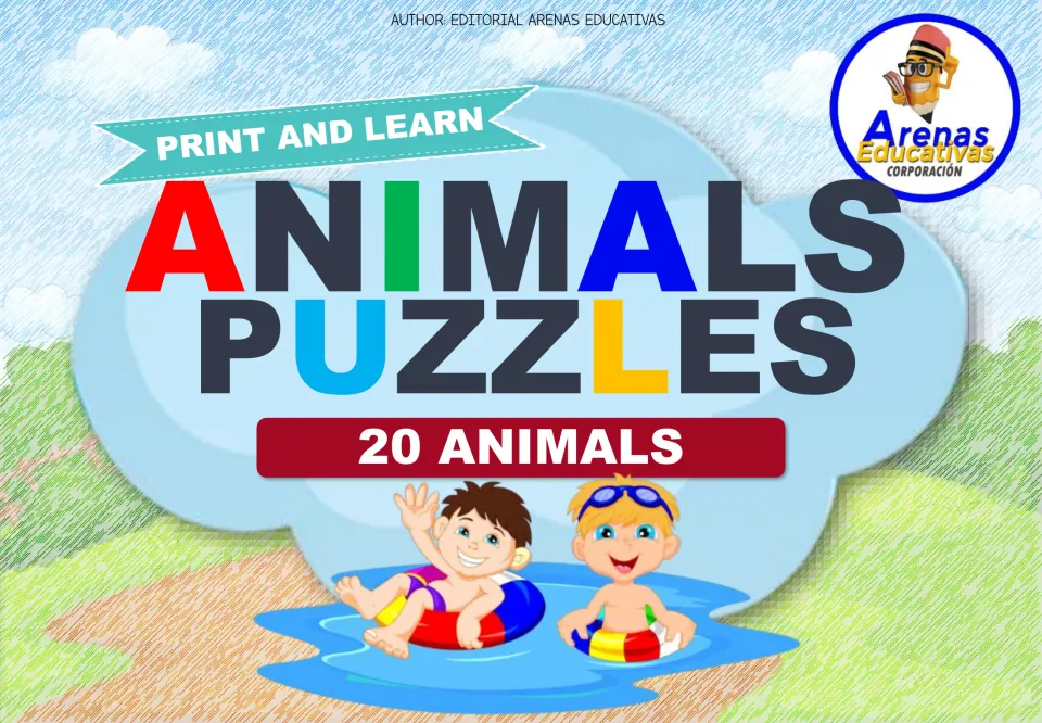 Cover of the animal puzzle resource featuring the headings "Print and Learn" and "Animals Puzzles: 20 Animals"