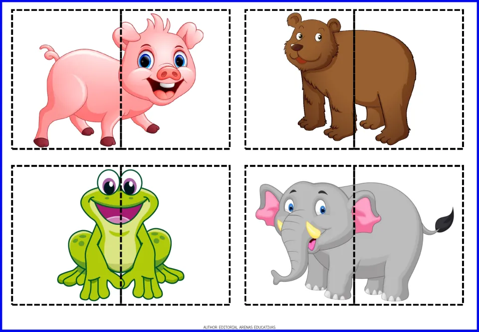 Animal puzzles 1–4 of the 20-puzzle set: pig, brown bear, frog, and elephant, each divided into two pieces