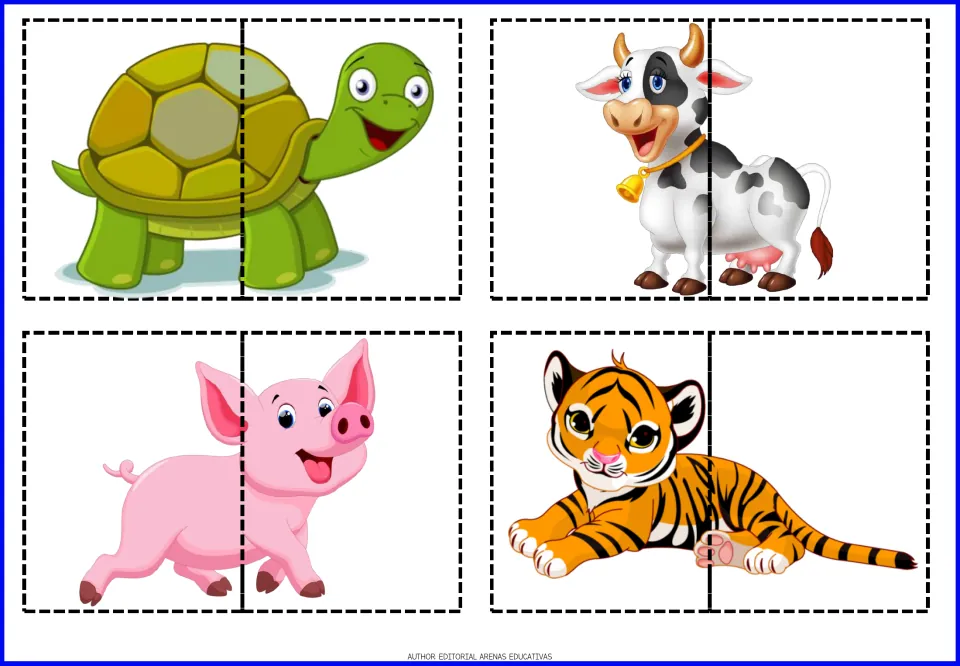Animal puzzles 5–8 of the 20-puzzle set: turtle, cow, pig, and tiger, each divided into two matching pieces