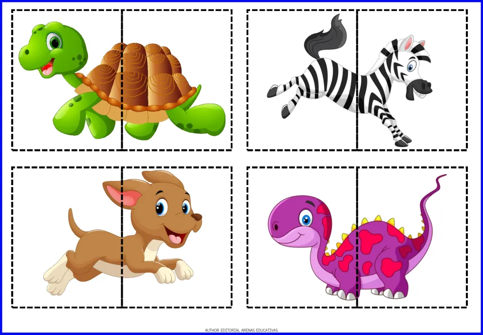 Animal puzzles 9–12 of the 20-puzzle set: turtle, zebra, dog, and dinosaur, each divided into two pieces