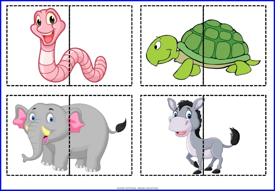 Animal puzzles 13–16 of the 20-puzzle set: worm, turtle, elephant, and donkey, each divided into two pieces