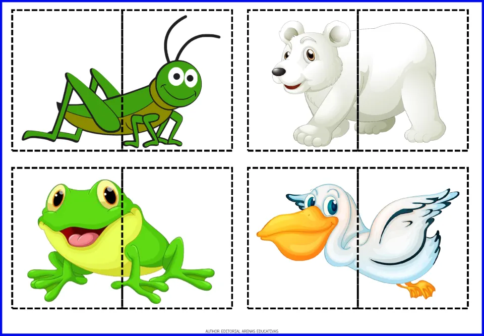 Animal puzzles 17–20 of the set: grasshopper, polar bear, frog, and pelican, each divided into two pieces