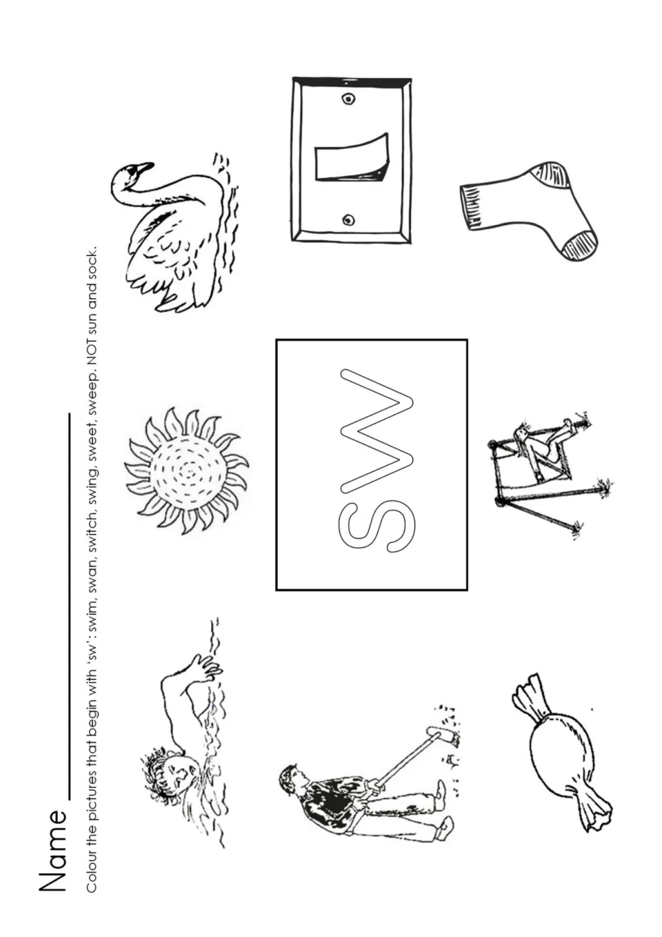 SW blend coloring: students colour swim, swan, switch, swing, sweet and sweep pictures, leaving the sun and sock blank
