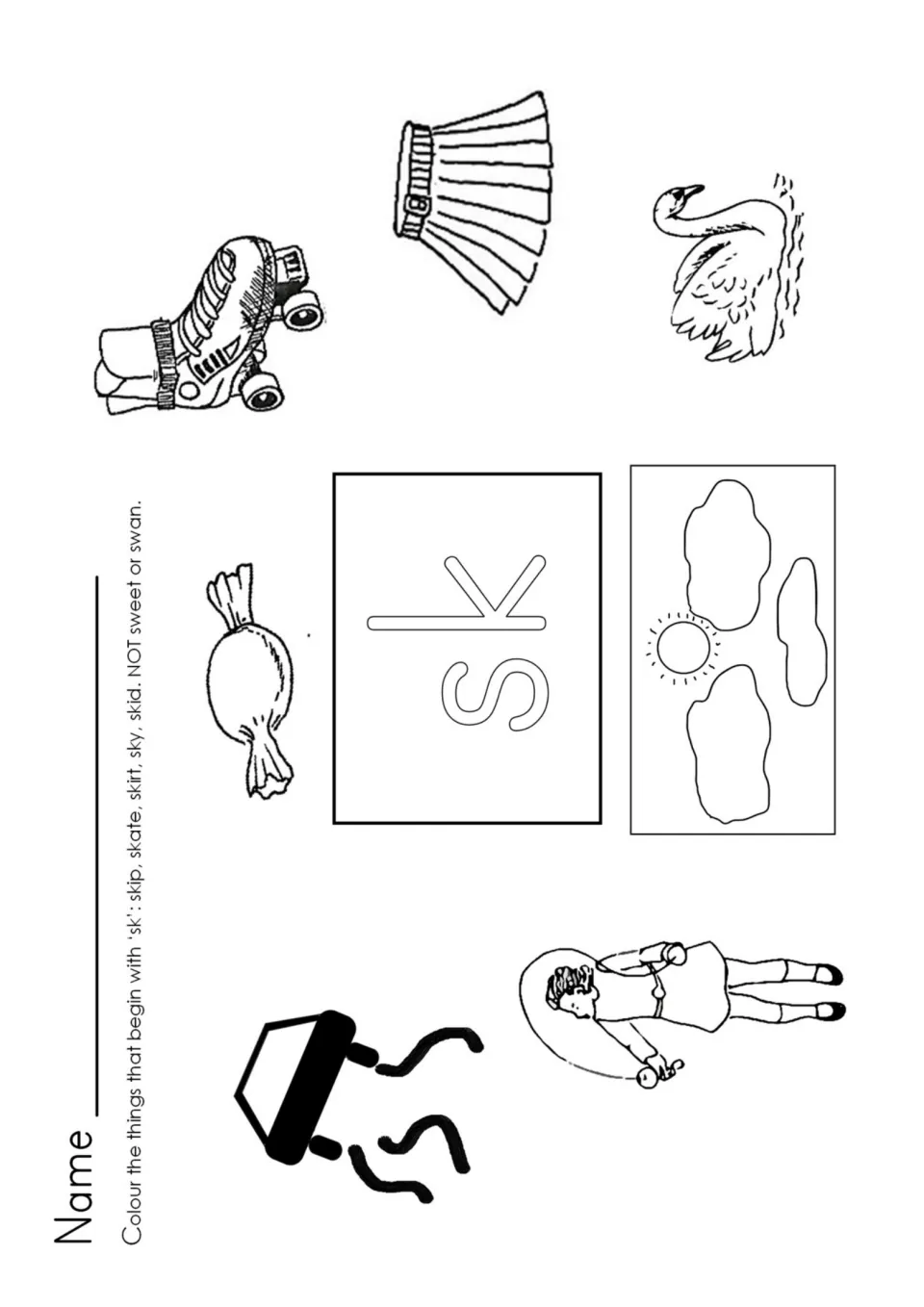 SK blend coloring: students colour skip, skate, skirt, sky and skid pictures and leave the sweet and swan uncoloured