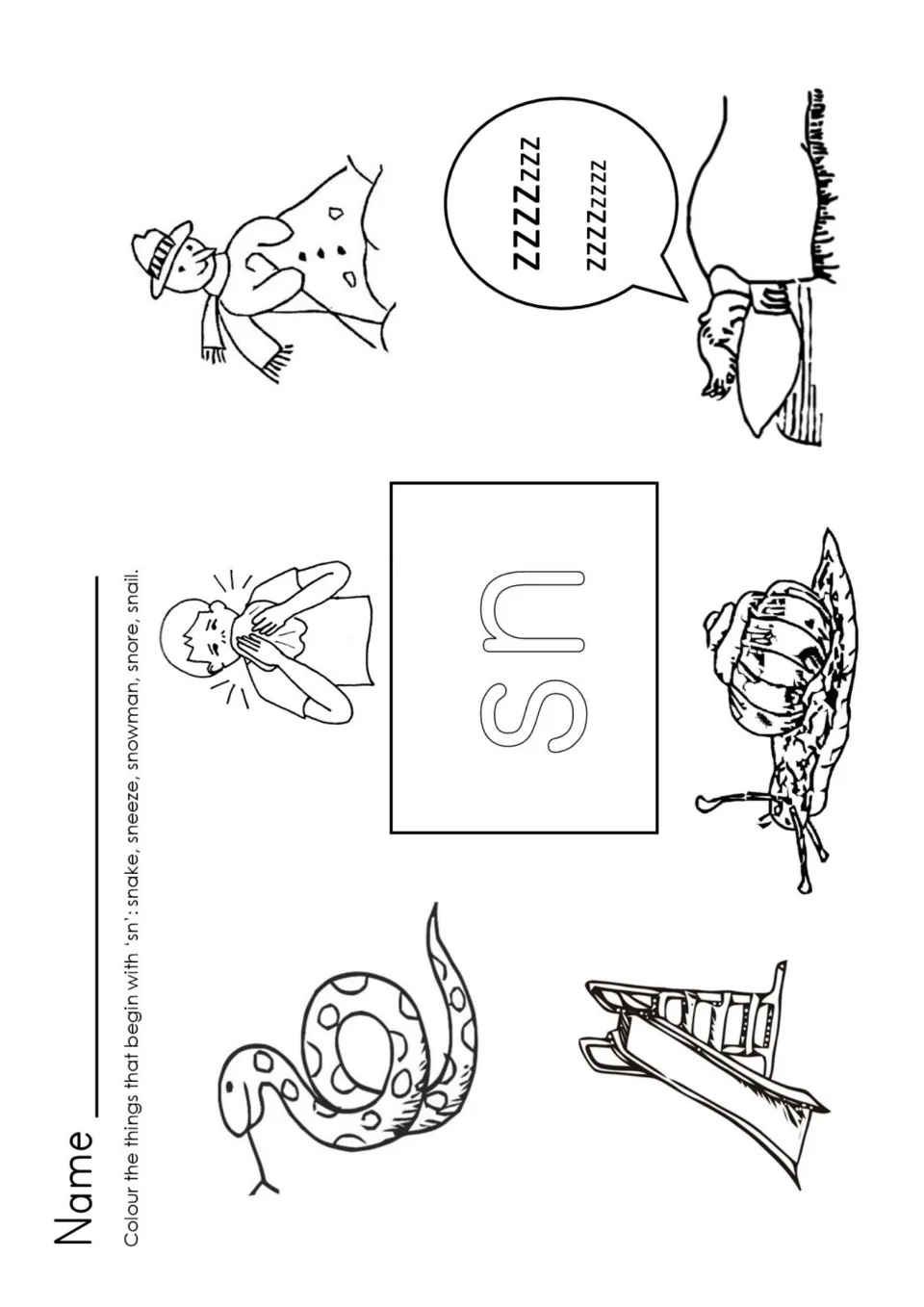 SN blend coloring: students colour the snake, sneeze, snowman, snore and snail pictures that begin with the sn sound