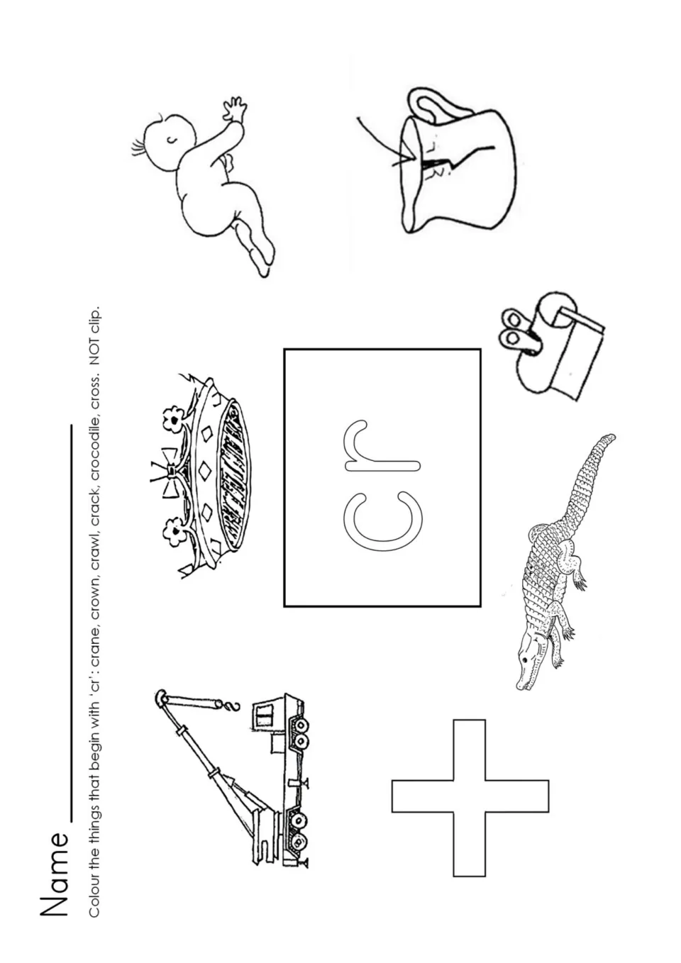 CR blend coloring: students colour crane, crown, crawl, crack, crocodile and cross pictures, leaving the clip uncoloured