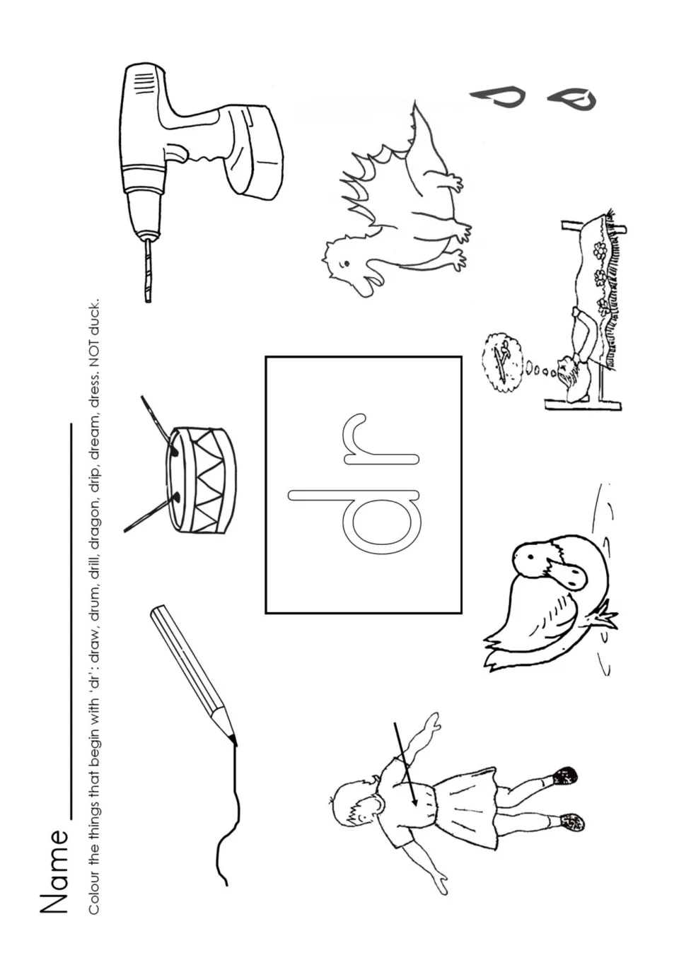 DR blend coloring: students colour draw, drum, drill, dragon, drip, dream and dress pictures but not the duck picture