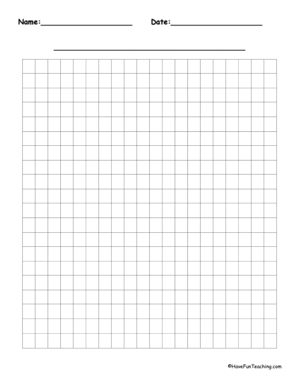 Unlabeled 20-by-20 square graph paper with Name, Date and title spaces for plotting points, drawing shapes or graphing