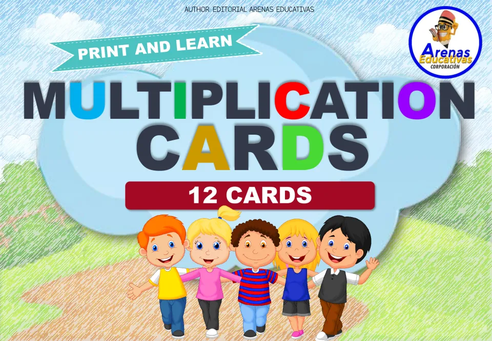 Multiplication Cards cover marked Print and Learn and 12 Cards, showing five cartoon children walking arm in arm on a path
