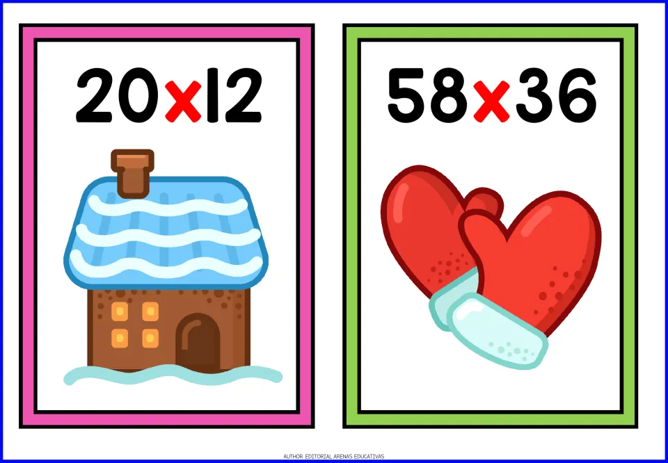 Christmas multiplication cards: students solve 20 x 12 beside a snowy gingerbread house and 58 x 36 beside red mittens