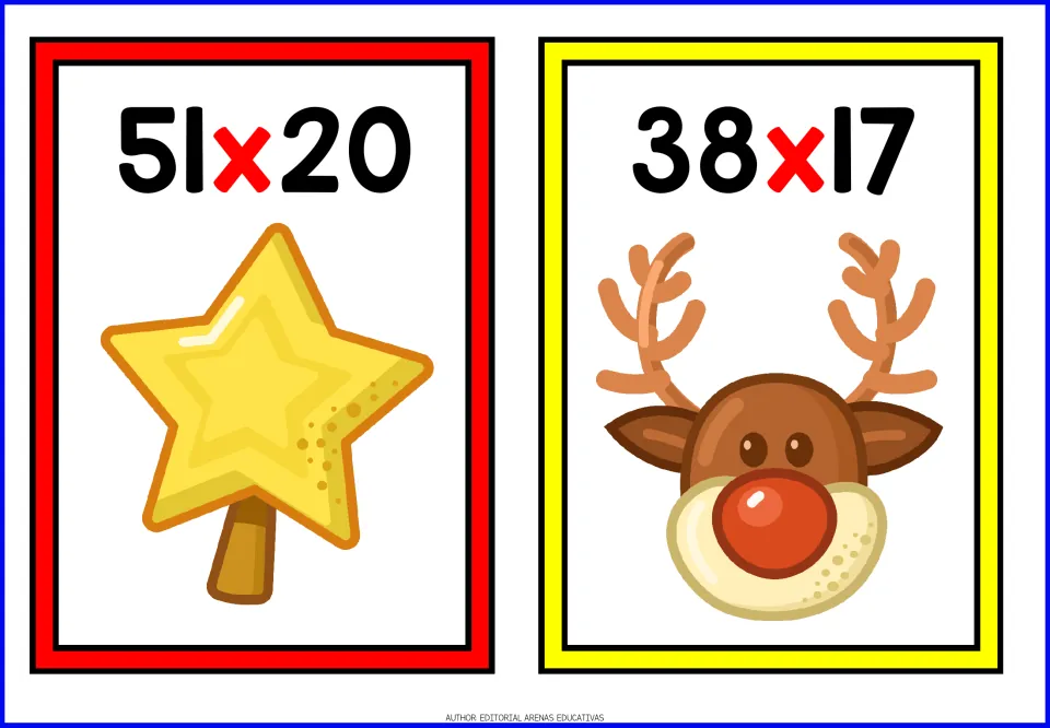 Two-digit by two-digit products to find: 51 x 20 with a gold tree-topper star and 38 x 17 with a red-nosed reindeer