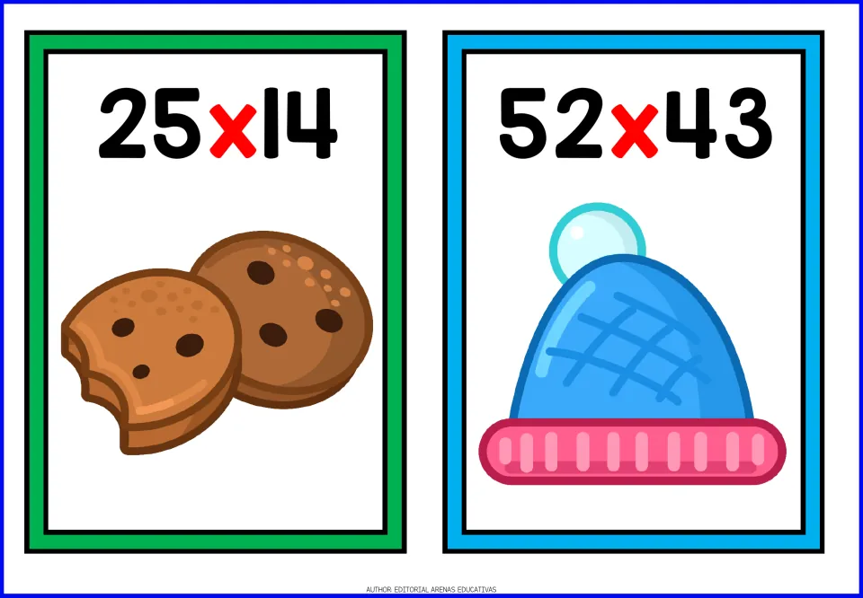 Holiday multiplication practice: students work out 25 x 14, shown with chocolate chip cookies, and 52 x 43 with a blue hat