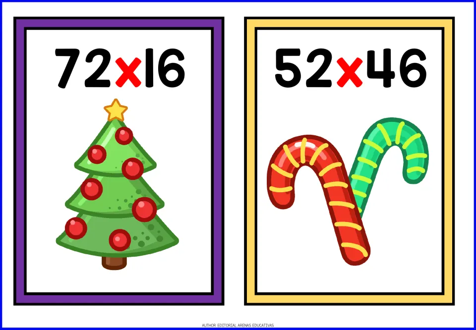 Multiplying 2-digit numbers: cards ask for 72 x 16 with a Christmas tree and 52 x 46 with red and green candy canes