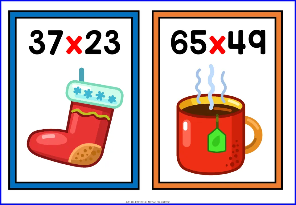 Christmas task cards for multi-digit multiplication: 37 x 23 with a red stocking and 65 x 49 with a steaming mug of tea