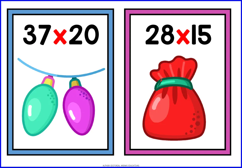 Two multiplication problems to solve: 37 x 20 shown with holiday string lights and 28 x 15 with a red sack