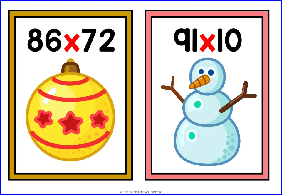 Multiplication cards with festive pictures: students solve 86 x 72 next to a yellow ornament and 91 x 10 next to a snowman