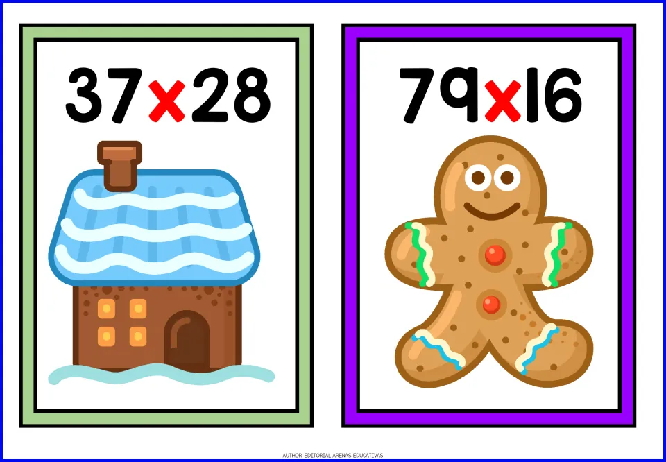 Two-digit multiplication cards: 37 x 28 paired with a gingerbread house and 79 x 16 paired with a gingerbread man