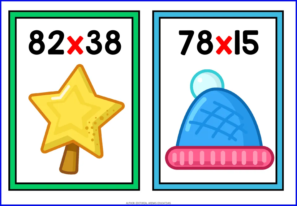 Final pair of Christmas multiplication cards: students find 82 x 38 with a gold star topper and 78 x 15 with a blue hat