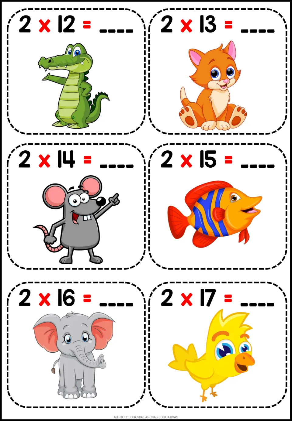 Doubling facts 2 x 12 to 2 x 17: students solve six cards pictured with a crocodile, kitten, fish and elephant