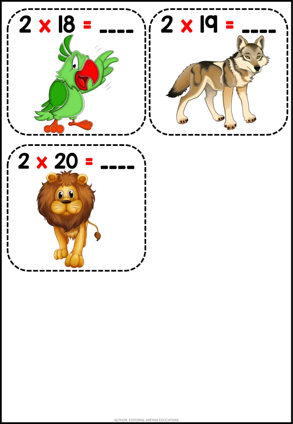 Last times-2 facts 2 x 18, 2 x 19 and 2 x 20: students write each product on three cards with a parrot, wolf and lion