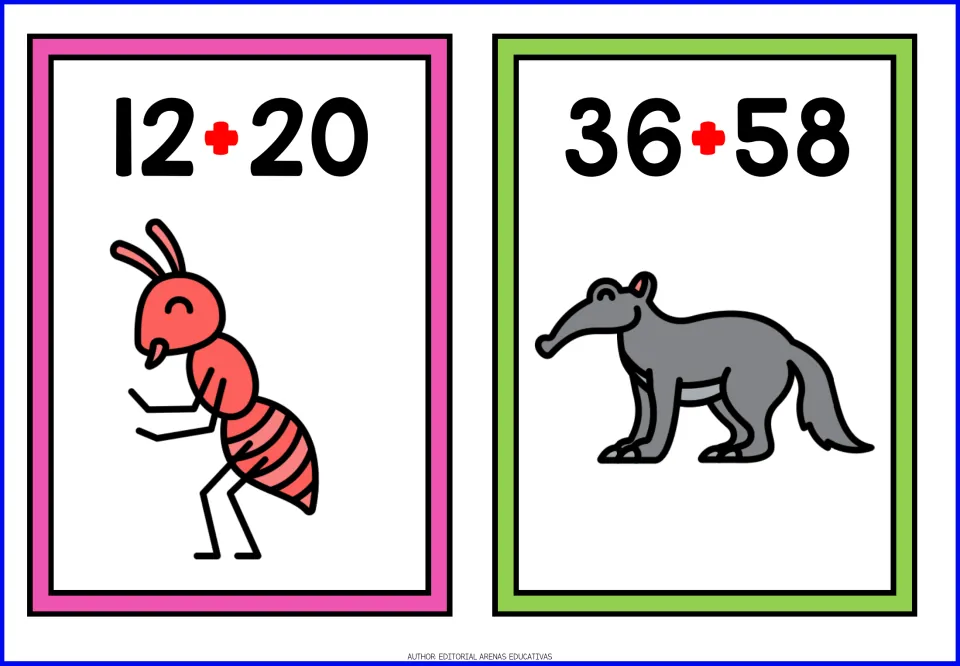 Animal-themed addition cards 1–2: 12 + 20 with an ant and 36 + 58 with an anteater