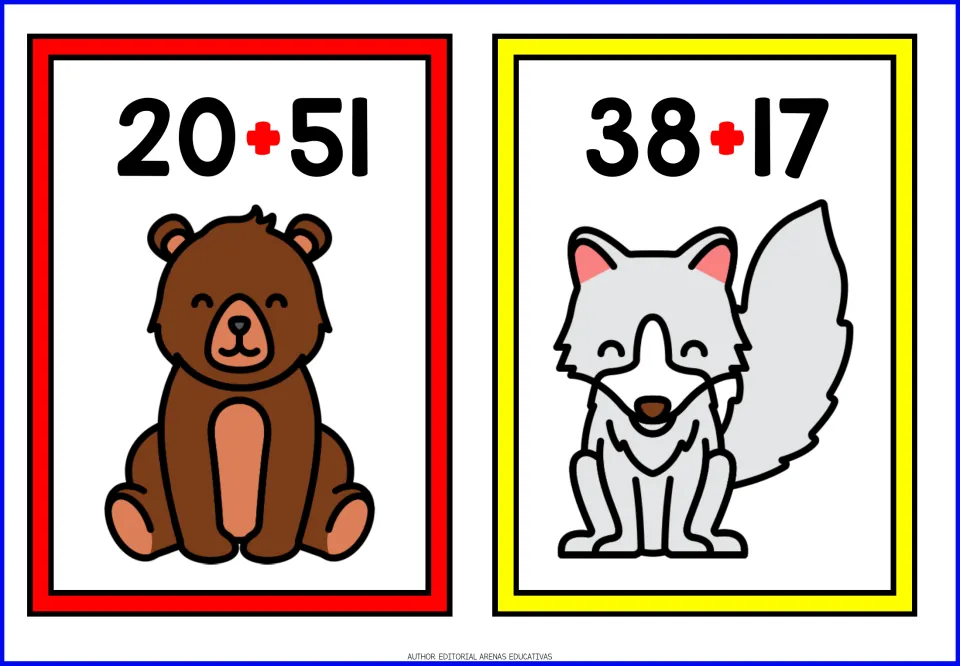 Animal-themed addition cards 3–4: 20 + 51 with a bear and 38 + 17 with a white fox