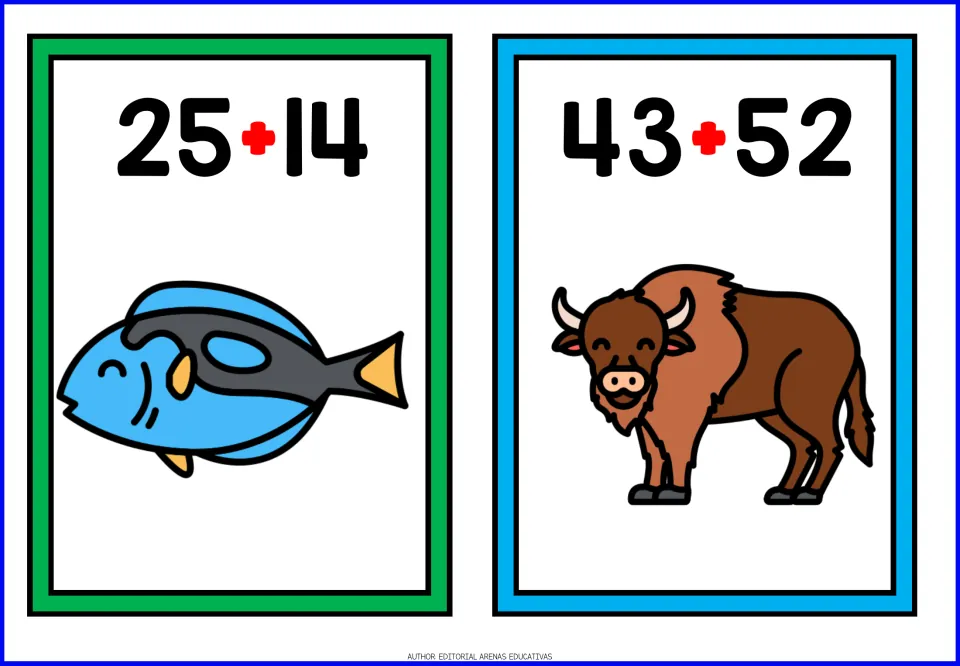 Animal-themed addition cards 5–6: 25 + 14 with a blue fish and 43 + 52 with a bison