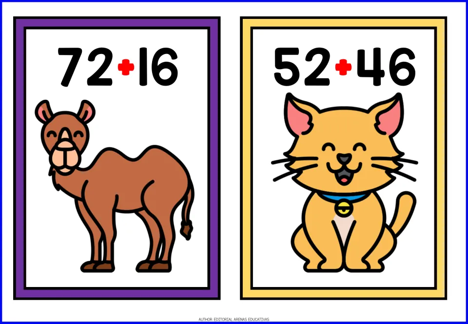 Animal-themed addition cards 7–8: 72 + 16 with a camel and 52 + 46 with a cat