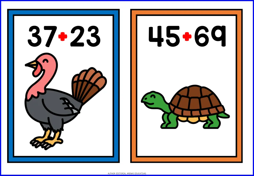 Animal-themed addition cards 9–10: 37 + 23 with a turkey and 45 + 69 with a tortoise
