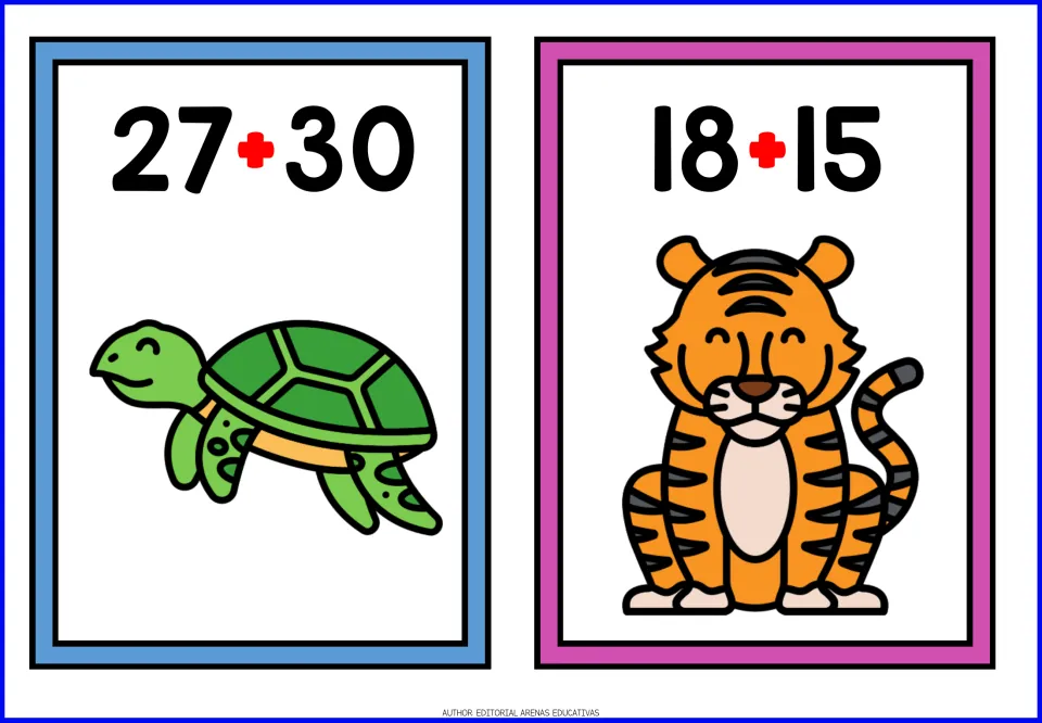 Animal-themed addition cards 11–12: 27 + 30 with a sea turtle and 18 + 15 with a tiger