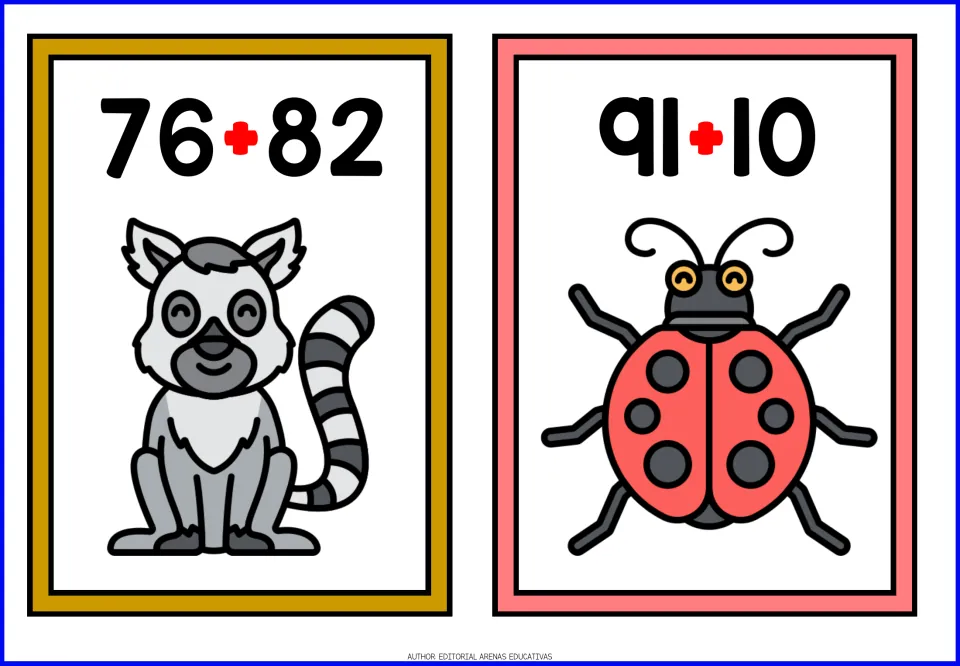 Animal-themed addition cards 13–14: 76 + 82 with a lemur and 91 + 10 with a ladybug
