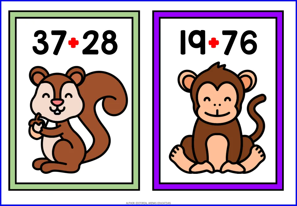 Animal-themed addition cards 15–16: 37 + 28 with a squirrel and 19 + 76 with a monkey