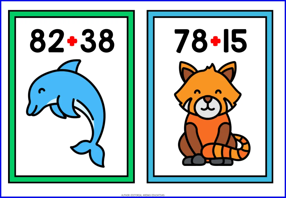 Animal-themed addition cards 17–18: 82 + 38 with a dolphin and 78 + 15 with a red panda