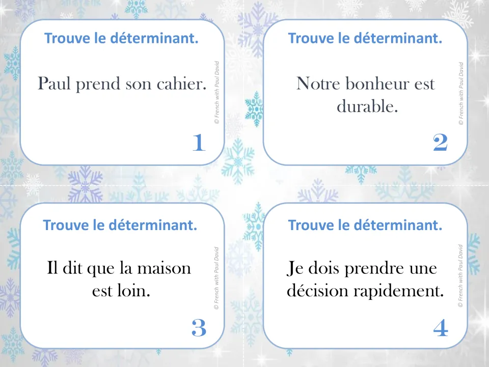 French determiner cards 1–4: find determiners in sentences about Paul’s notebook, happiness, a house, and a decision