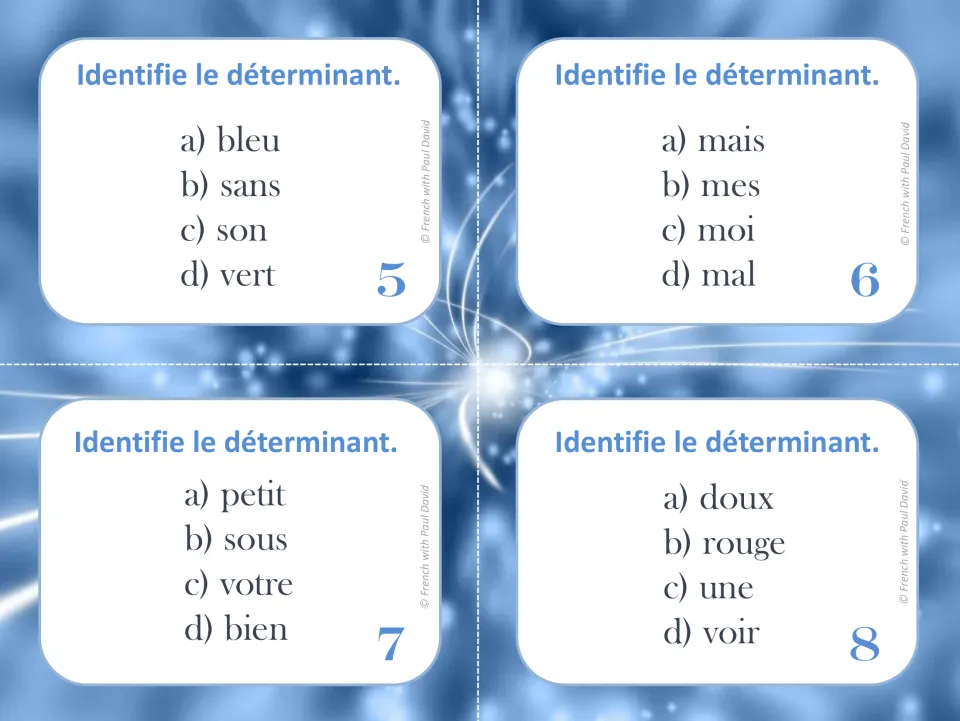 French determiner cards 5–8: identify a determiner in each word list, including son, mes, votre, and une