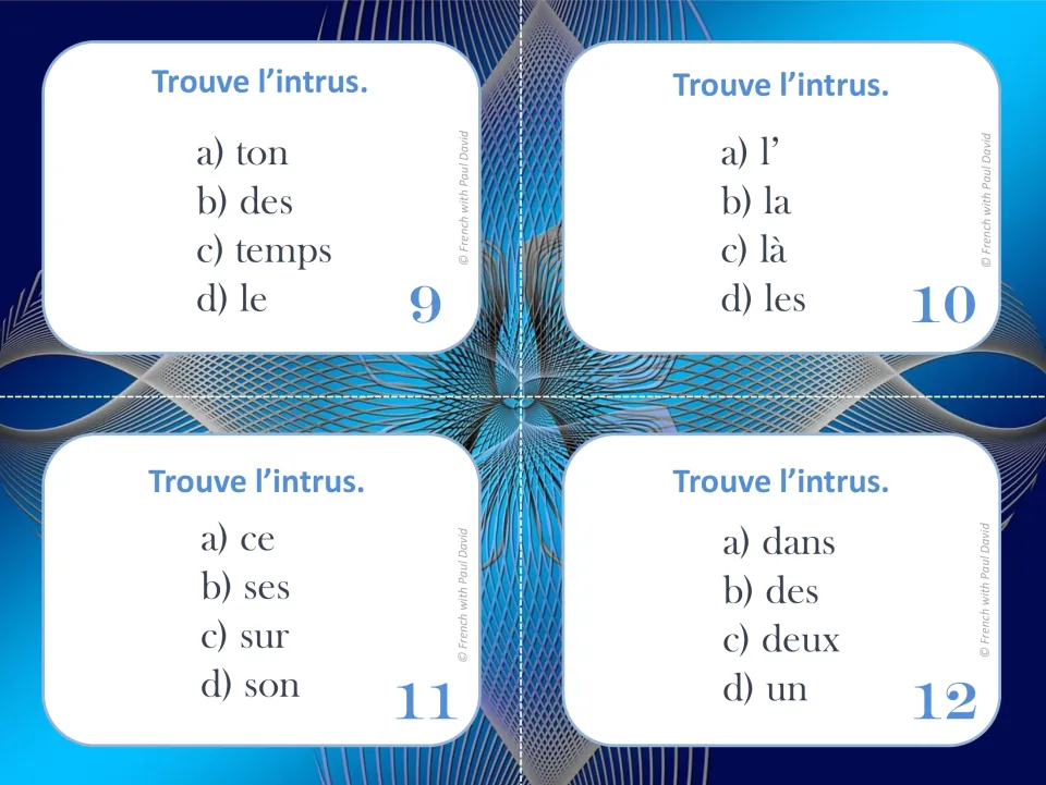 French determiner cards 9–12: find the odd word out in lists including temps (time) and dans (in)