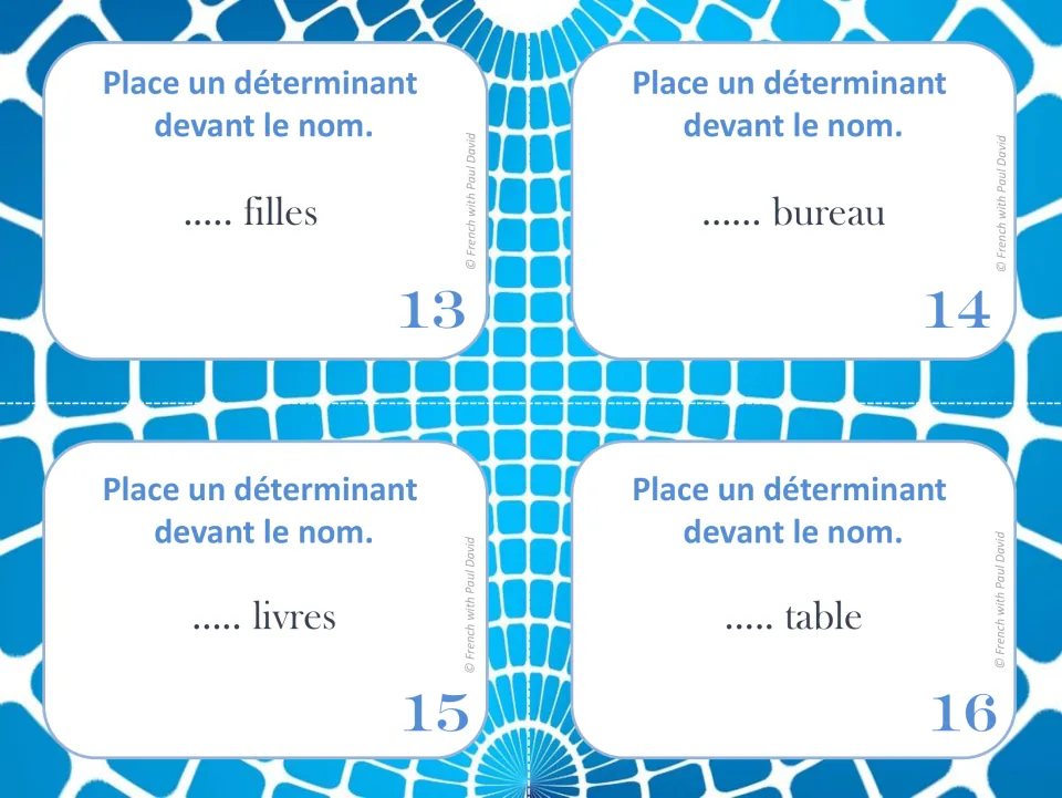 French cards 13–16: add determiners before filles (girls), bureau (desk), livres (books), and table (table)
