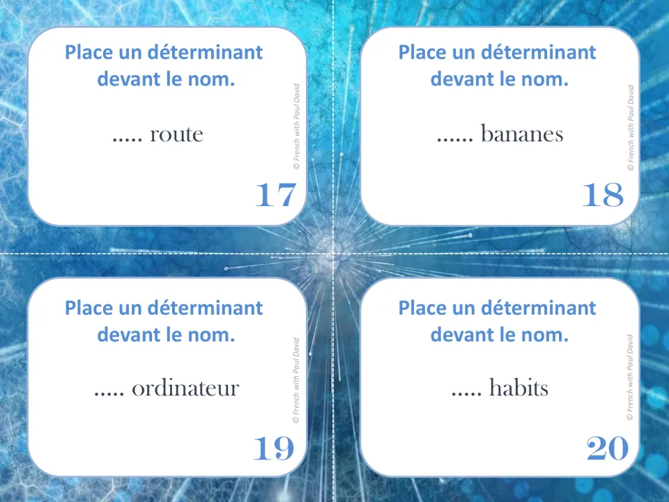 French cards 17–20: add determiners before route (road), bananes (bananas), ordinateur (computer), and habits (clothes)