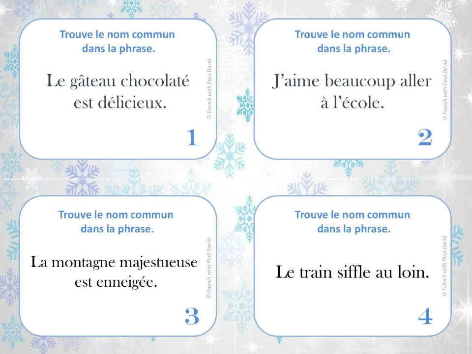 French common noun task cards 1–4 use sentences about gâteau (cake), école (school), montagne (mountain), and train.