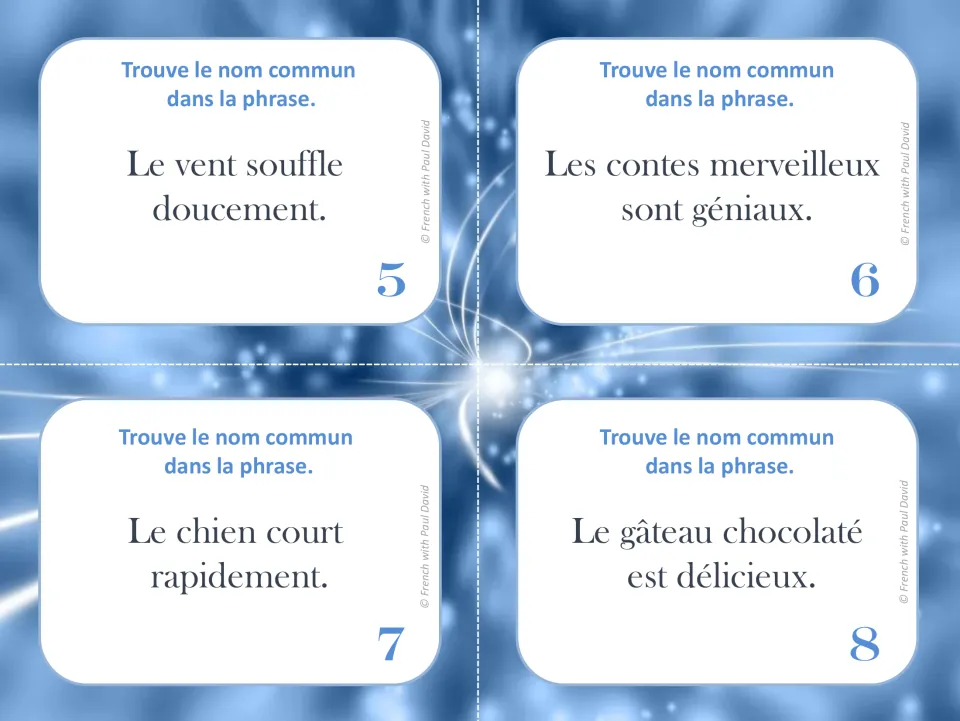 French common noun task cards 5–8 use sentences about vent (wind), contes (tales), chien (dog), and gâteau (cake).