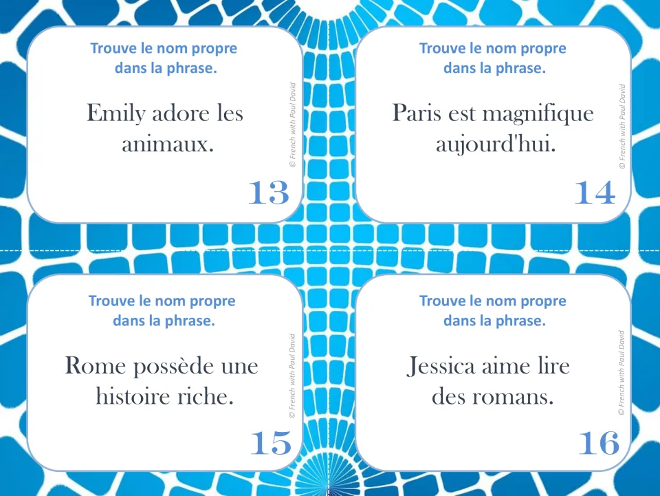 French proper noun task cards 13–16 ask students to find names in sentences featuring Emily, Paris, Rome, and Jessica.