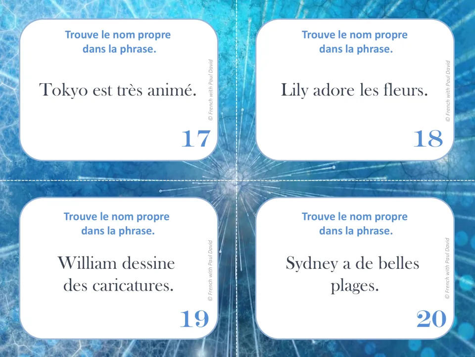 French proper noun task cards 17–20 ask students to find names in sentences about Tokyo, Lily, William, and Sydney.