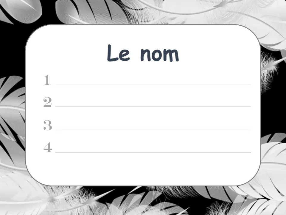 French noun response sheet titled “Le nom” (the noun), with numbered spaces to record answers to task cards 1–4.