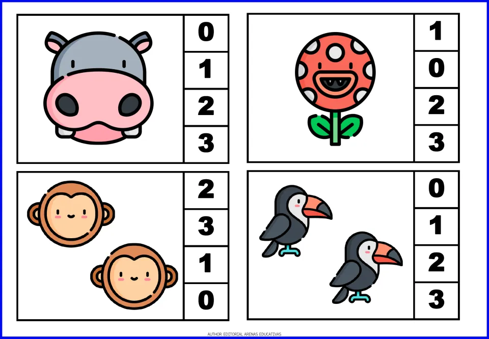 Counting cards 1–4 show one hippo, one flower, two monkeys, and two toucans, with number choices from 0 to 3